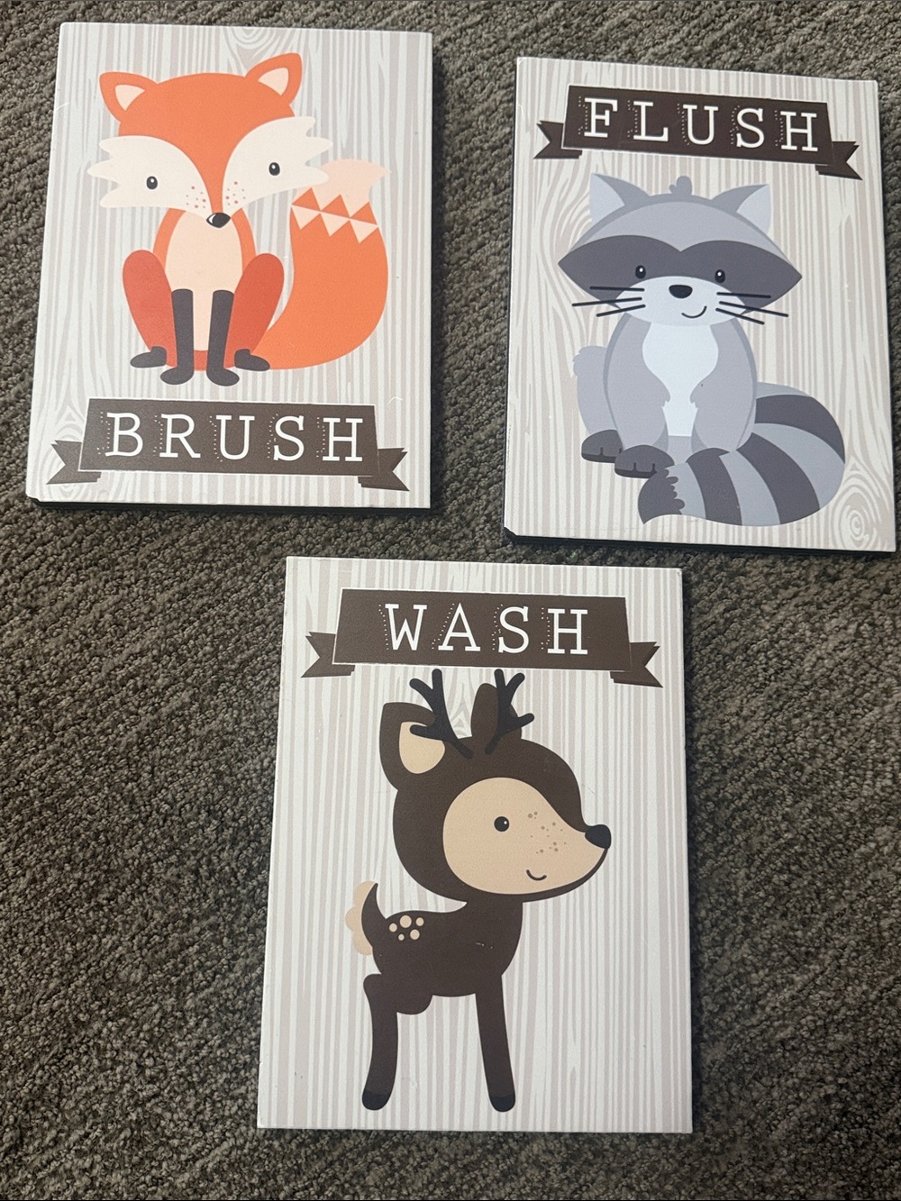 Woodland Kids Bathroom Wall Art - Brush, Flush, Wash (Orange, Gray, Brown)